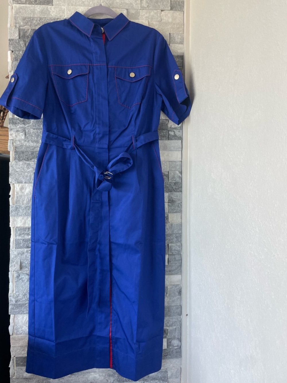 Women Designer ANDRE TAN Midi Blue Shirt Dress-Tricolor Tape Belt-XL, Best Med